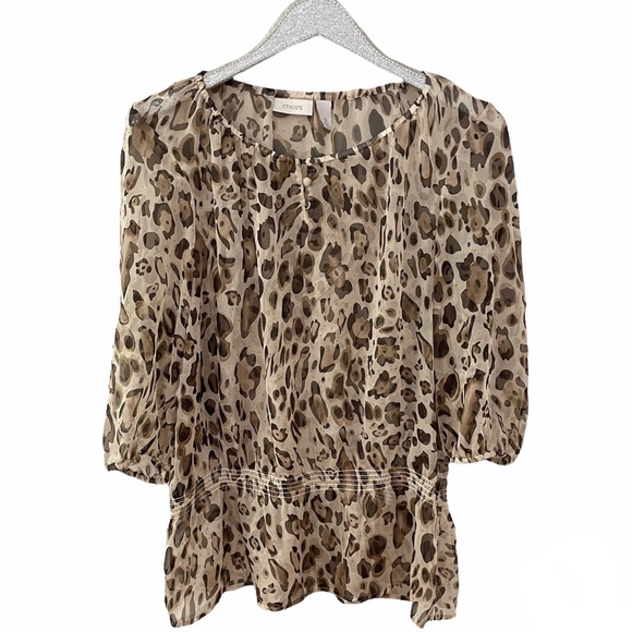 Chico's 3/4 Length Sleeve with Elastic Waist Cheetah Print Semi-Sheer Blouse - Picture 1 of 10